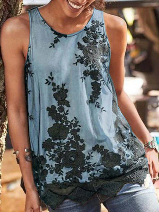 Floral  Sleeveless  Printed Cotton-blend  Crew Neck  Vintage  Summer  Blue Top