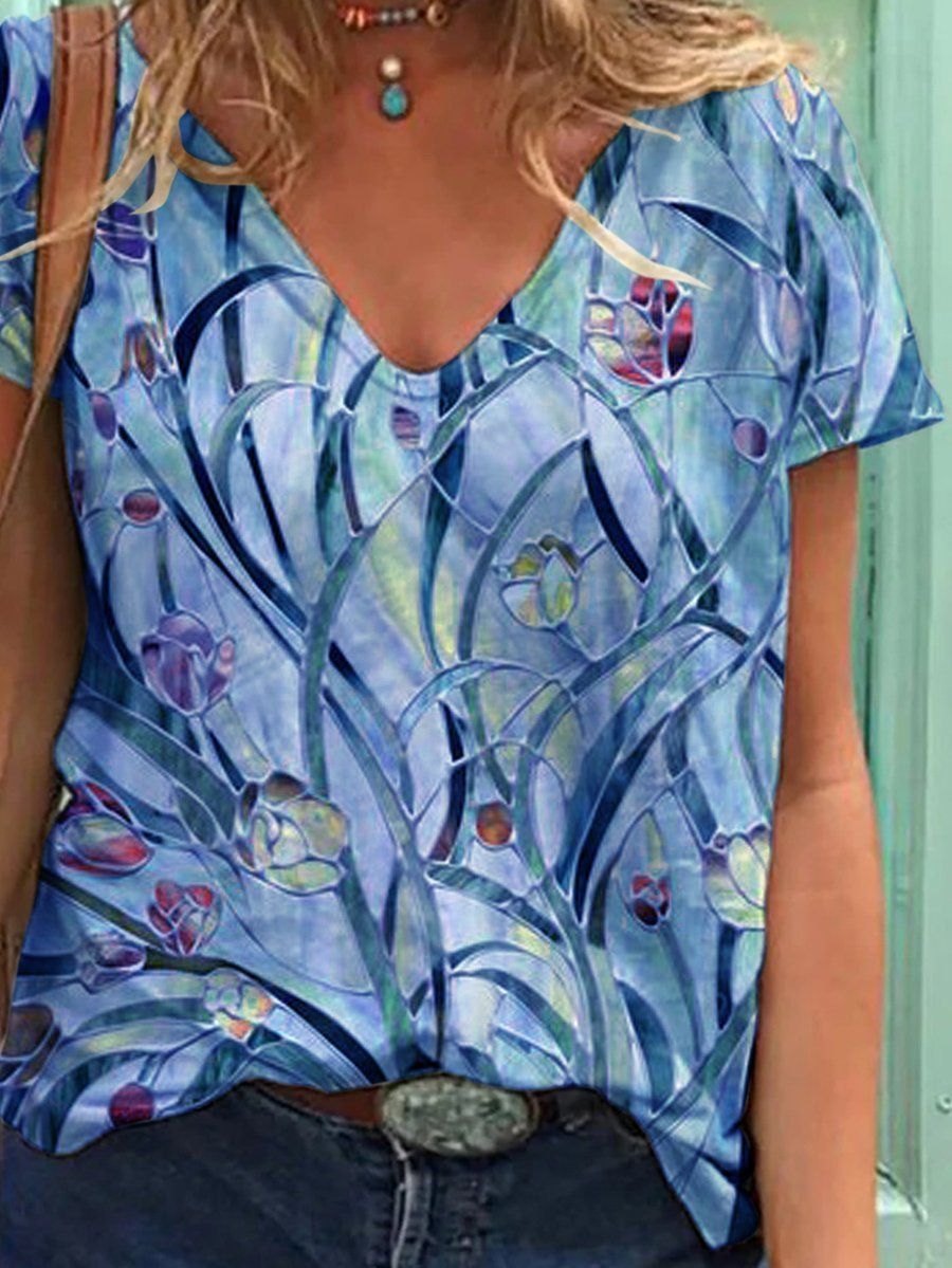 Floral Short Sleeve Floral V Neck Women Tee