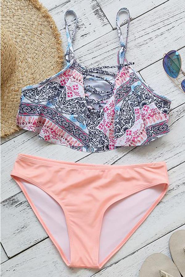 Xieyinshe Lace-up Printing Pretty Ruffled Bikini