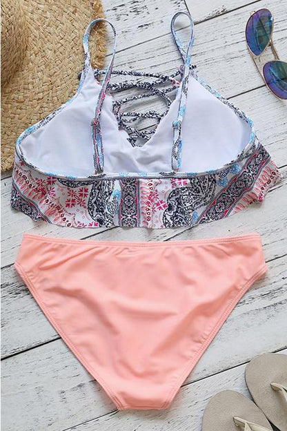 Xieyinshe Lace-up Printing Pretty Ruffled Bikini