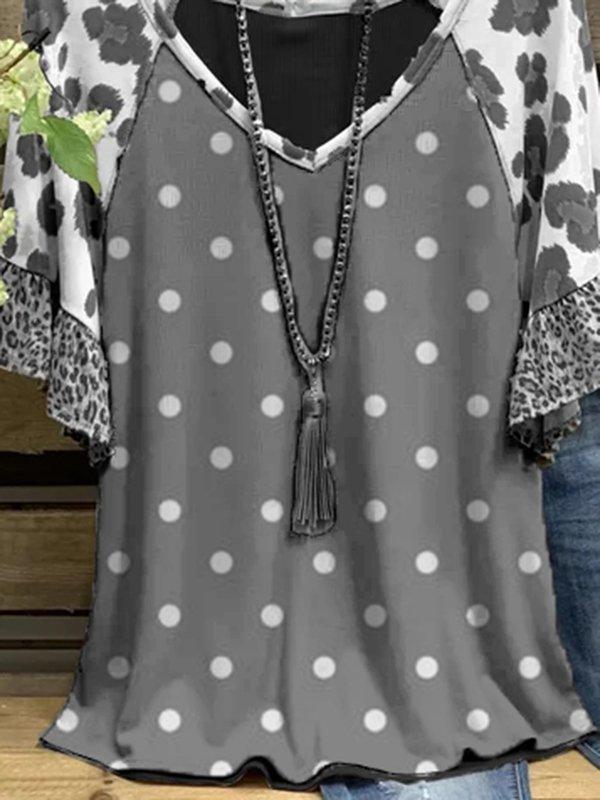 Polka Dots Short Sleeve V Neck Casual Shirts & Tops