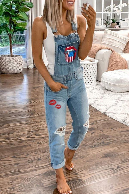 Xieyinshe  Denim Print Suspender Jeans