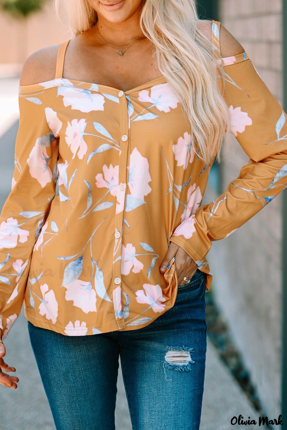 Xieyinshe - Yellow Floral Off Shoulder Long Sleeve Top