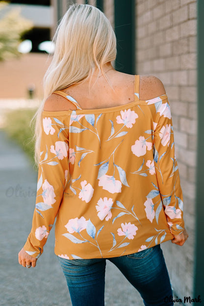 Xieyinshe - Yellow Floral Off Shoulder Long Sleeve Top