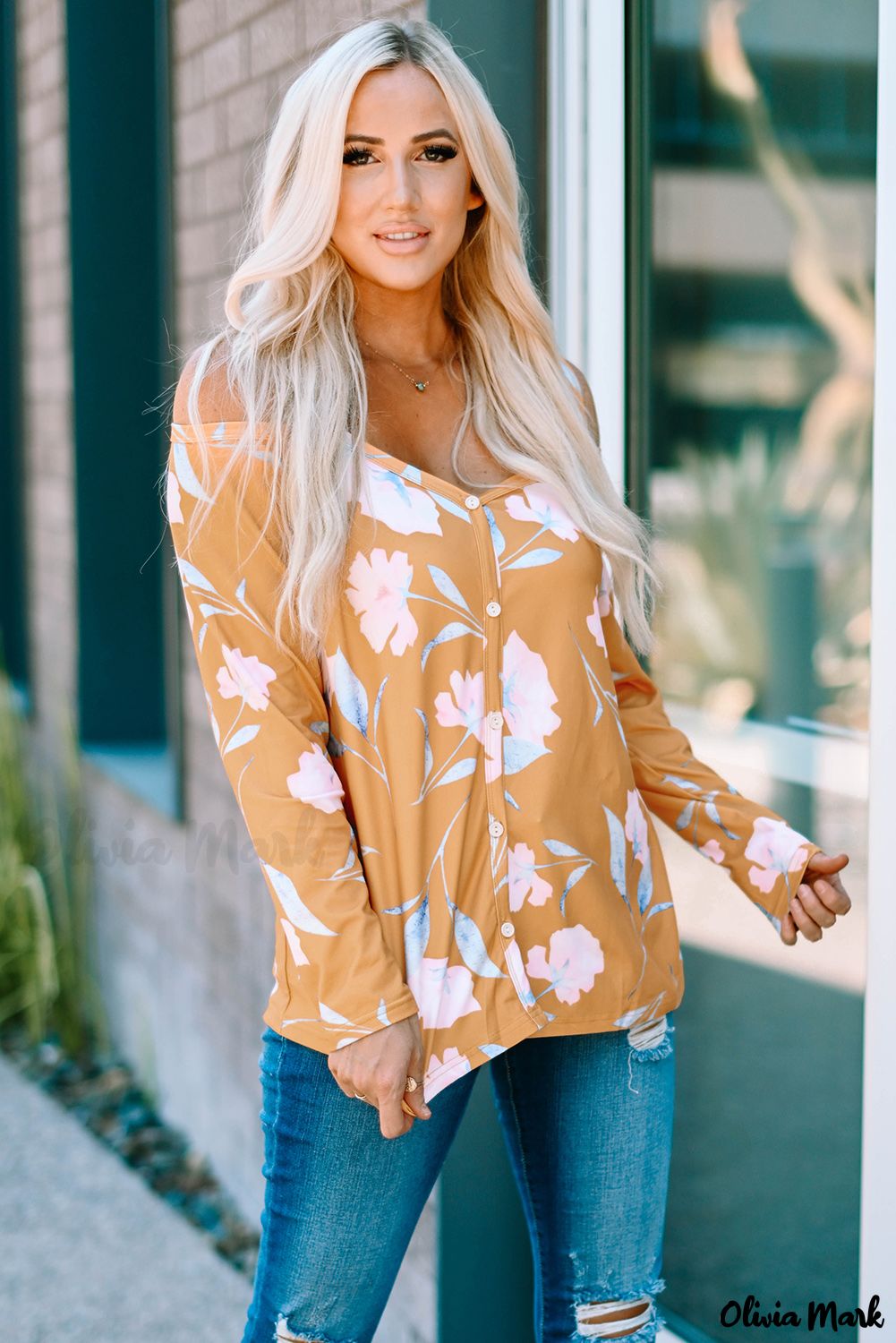 Xieyinshe - Yellow Floral Off Shoulder Long Sleeve Top