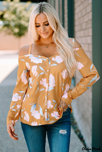 Xieyinshe - Yellow Floral Off Shoulder Long Sleeve Top