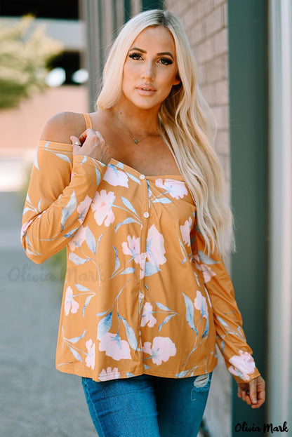 Xieyinshe - Yellow Floral Off Shoulder Long Sleeve Top