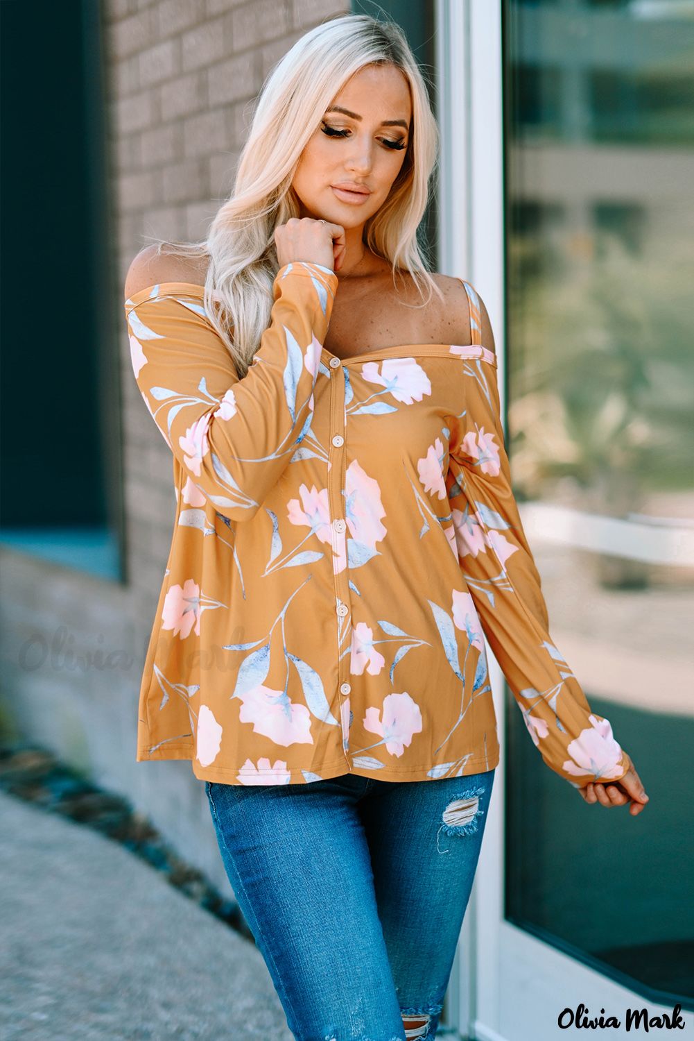 Xieyinshe - Yellow Floral Off Shoulder Long Sleeve Top