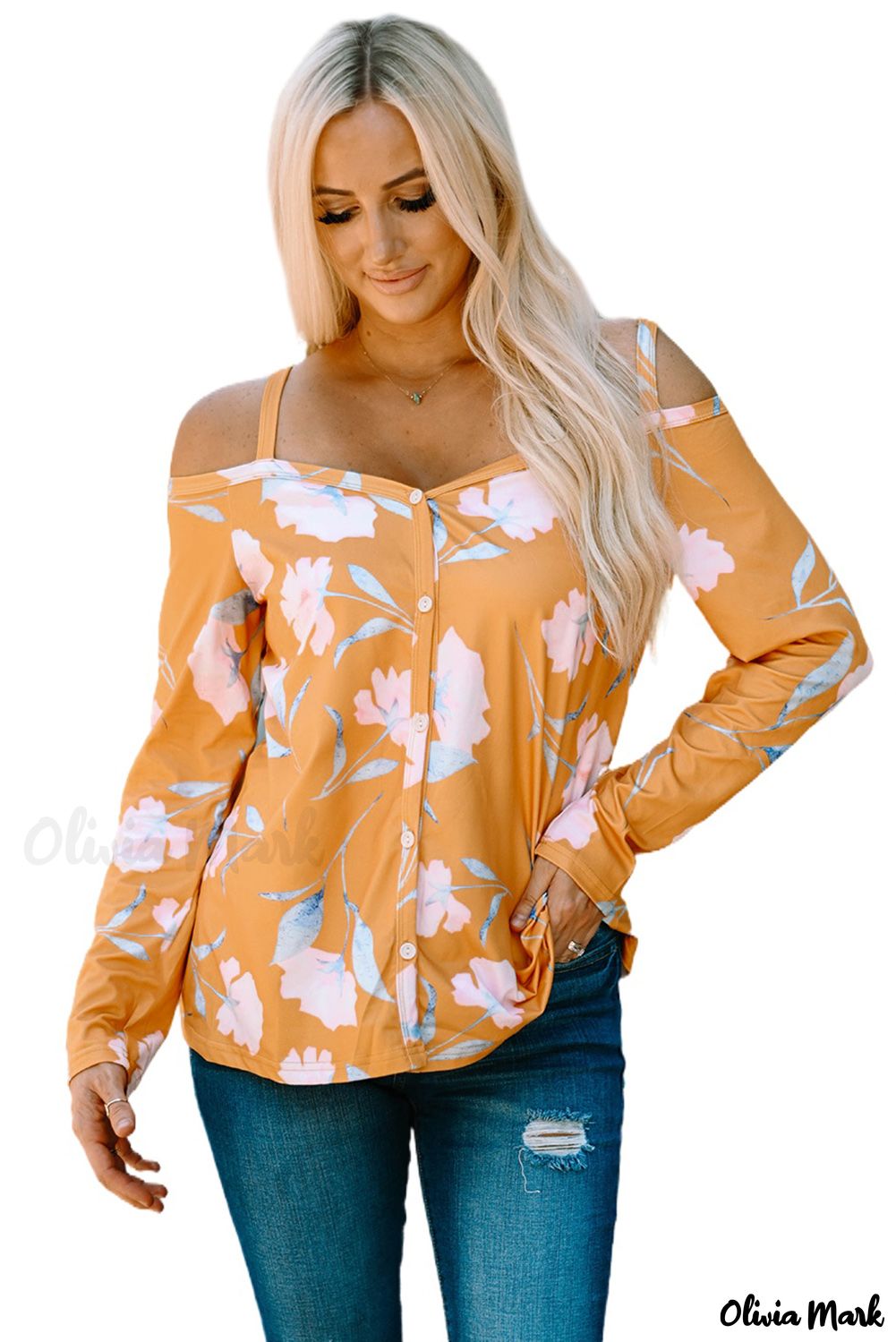 Xieyinshe - Yellow Floral Off Shoulder Long Sleeve Top