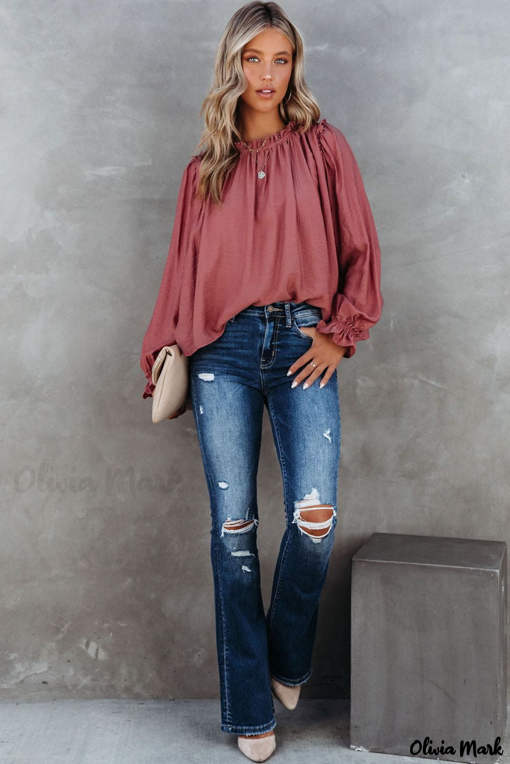 Xieyinshe - Red Long Sleeve Ruffled Blouse