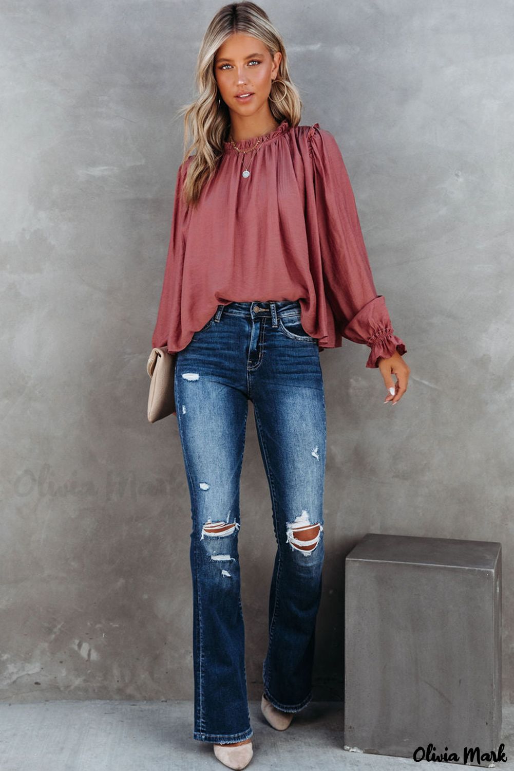 Xieyinshe - Red Long Sleeve Ruffled Blouse