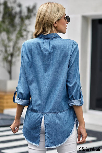 Xieyinshe - Rolled Long Sleeve Frayed Hem Denim Shirt