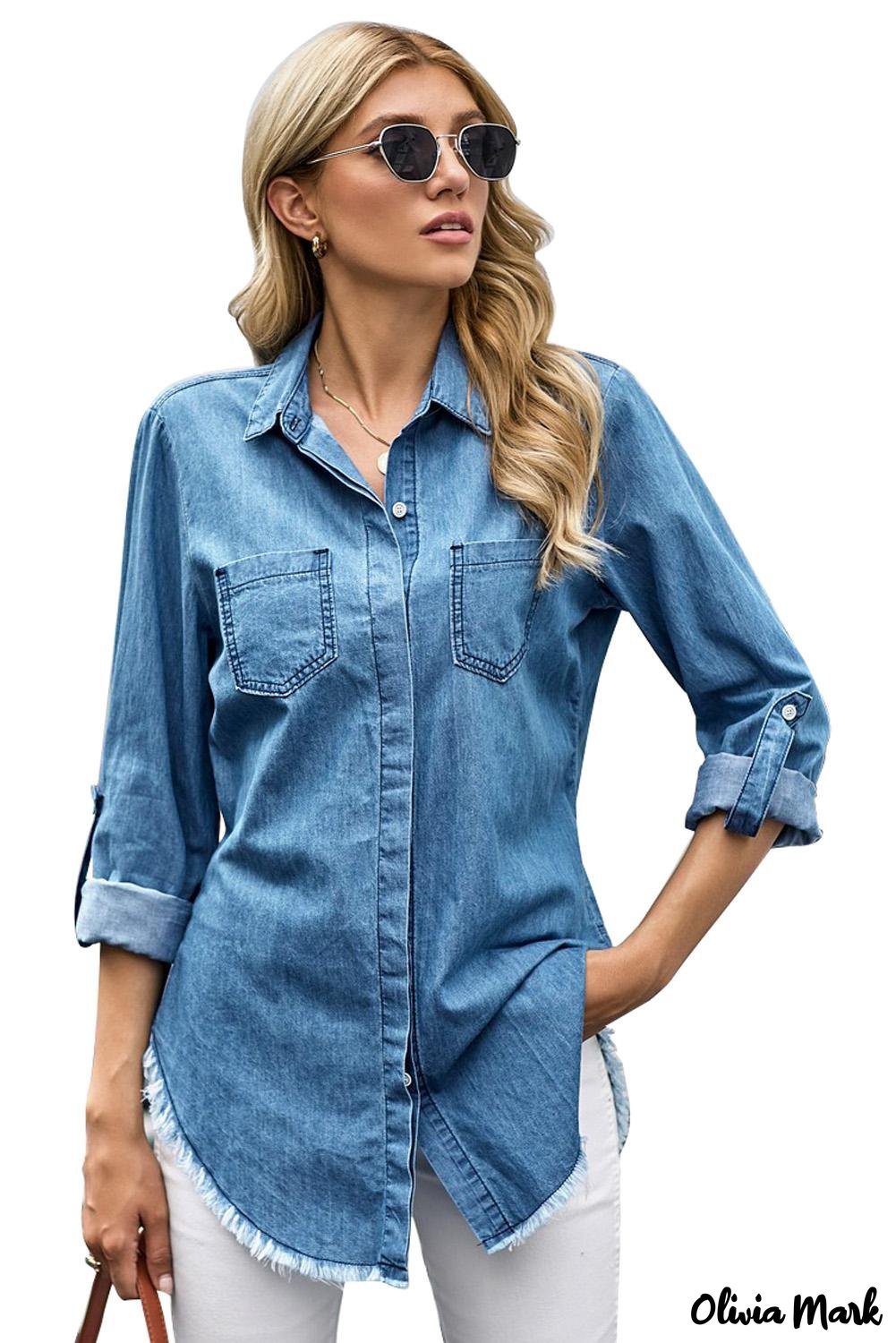 Xieyinshe - Rolled Long Sleeve Frayed Hem Denim Shirt