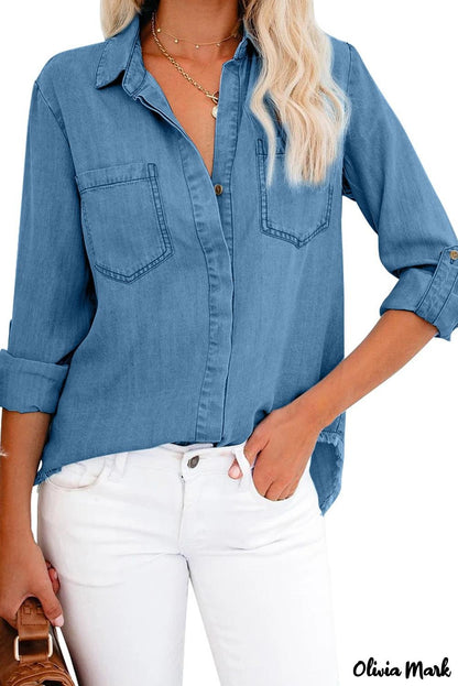 Xieyinshe - Rolled Long Sleeve Frayed Hem Denim Shirt