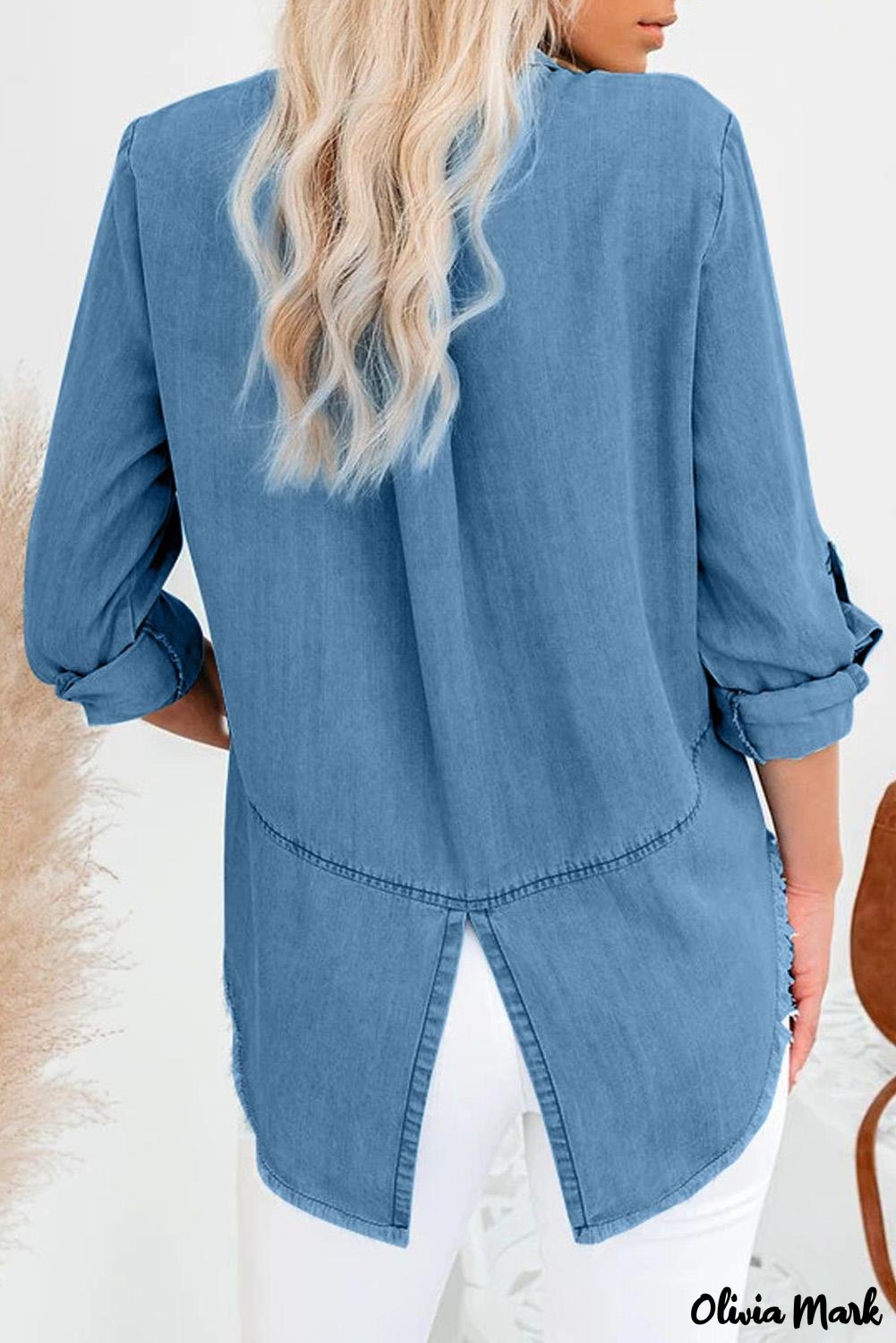 Xieyinshe - Rolled Long Sleeve Frayed Hem Denim Shirt