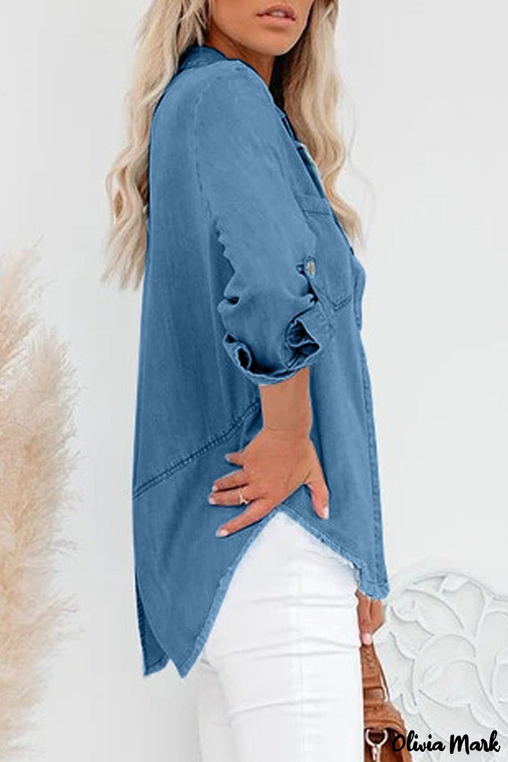 Xieyinshe - Rolled Long Sleeve Frayed Hem Denim Shirt