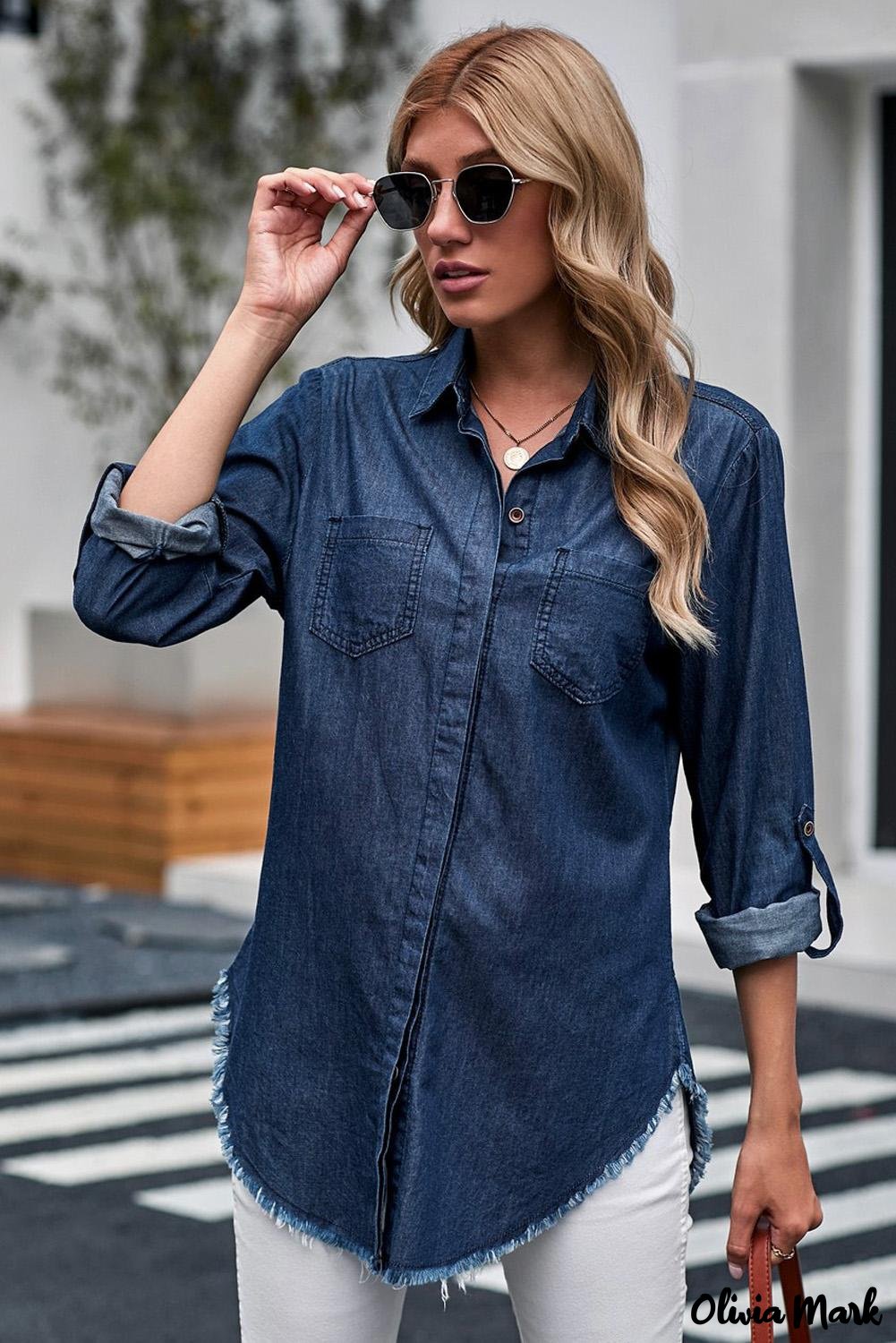 Xieyinshe - Rolled Long Sleeve Frayed Hem Denim Shirt