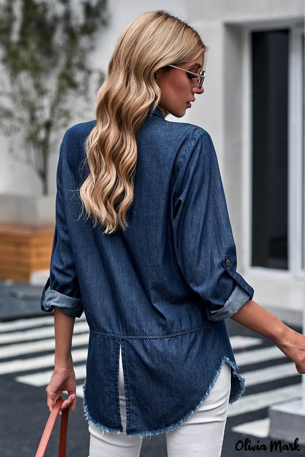 Xieyinshe - Rolled Long Sleeve Frayed Hem Denim Shirt