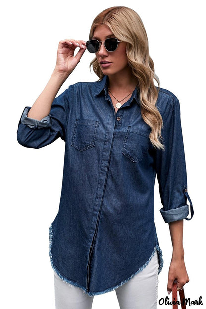 Xieyinshe - Rolled Long Sleeve Frayed Hem Denim Shirt