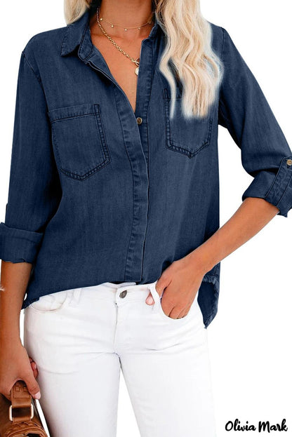 Xieyinshe - Rolled Long Sleeve Frayed Hem Denim Shirt