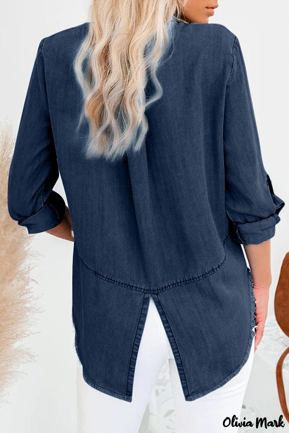 Xieyinshe - Rolled Long Sleeve Frayed Hem Denim Shirt