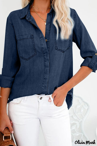 Xieyinshe - Rolled Long Sleeve Frayed Hem Denim Shirt