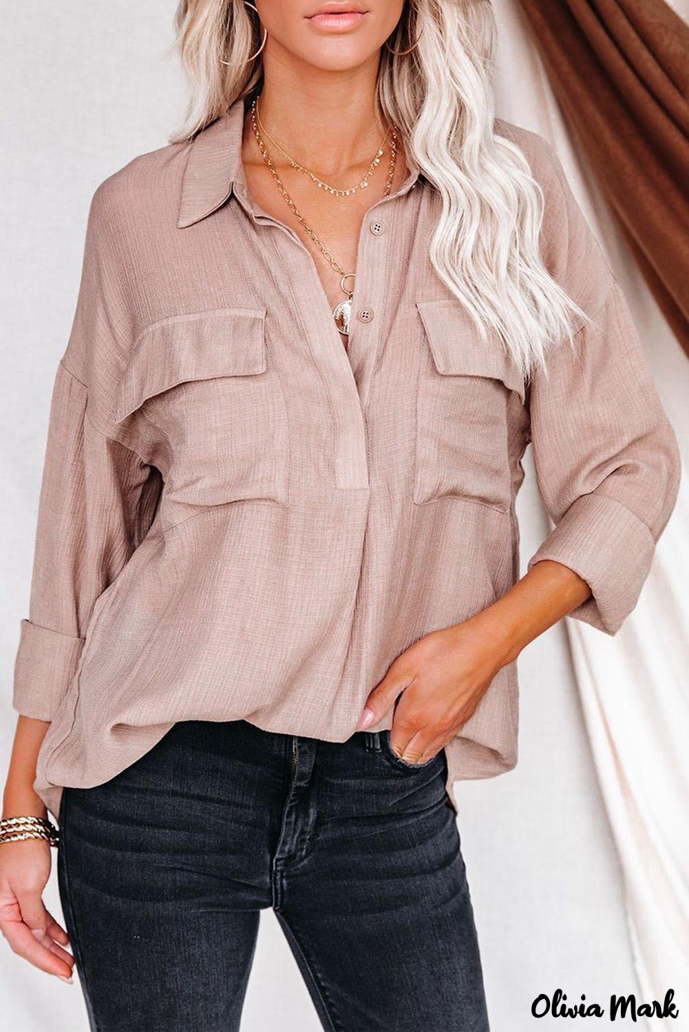 Xieyinshe - Khaki button down long sleeve shirt with pocket