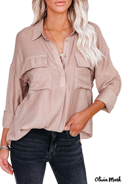 Xieyinshe - Khaki button down long sleeve shirt with pocket