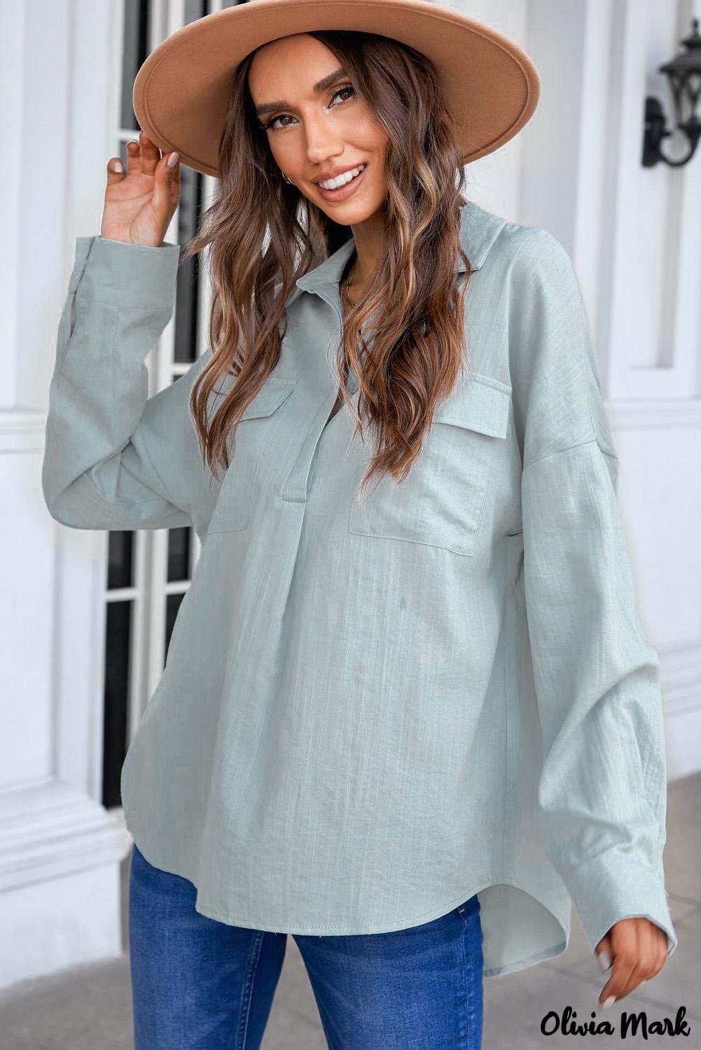 Xieyinshe - Khaki button down long sleeve shirt with pocket