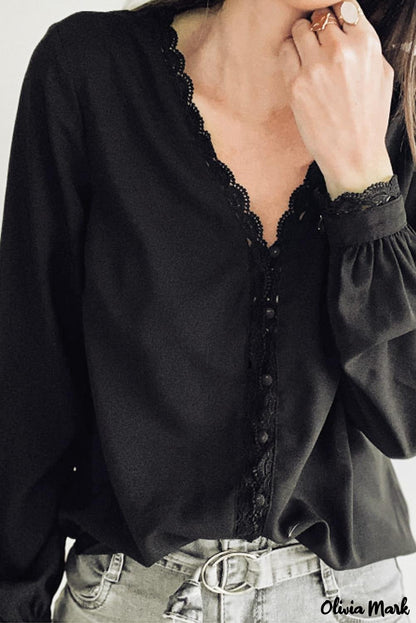 Xieyinshe - Black Crochet Lace Button Down Long Sleeve Shirt