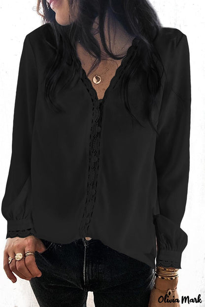 Xieyinshe - Black Crochet Lace Button Down Long Sleeve Shirt