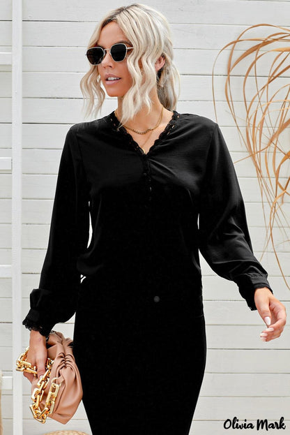 Xieyinshe - Black Crochet Lace Button Down Long Sleeve Shirt