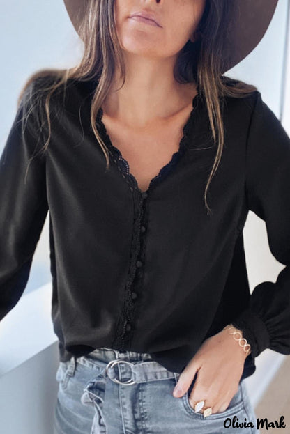 Xieyinshe - Black Crochet Lace Button Down Long Sleeve Shirt