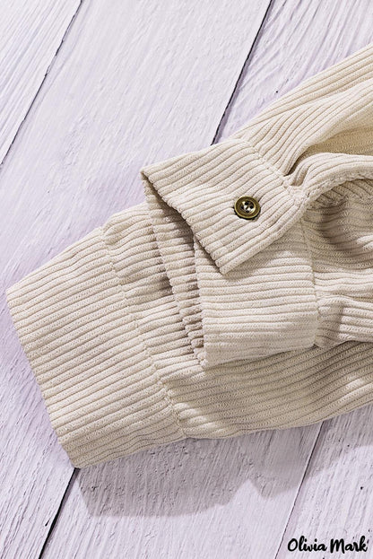 Xieyinshe - Beige corduroy buttoned long sleeve shirt with pockets