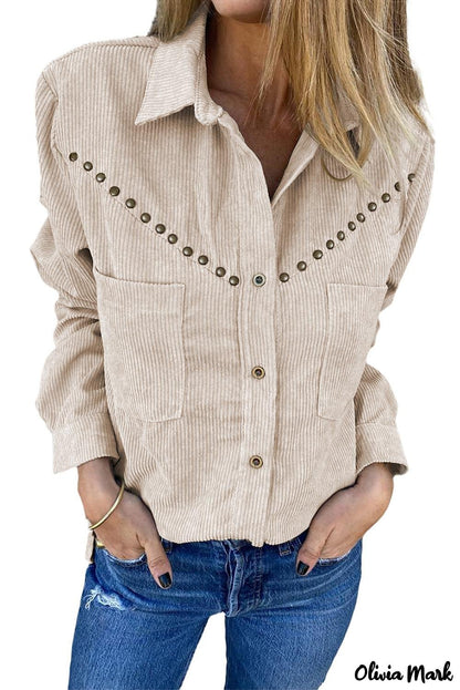 Xieyinshe - Beige corduroy buttoned long sleeve shirt with pockets