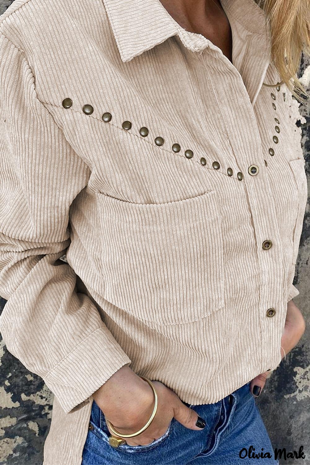 Xieyinshe - Beige corduroy buttoned long sleeve shirt with pockets