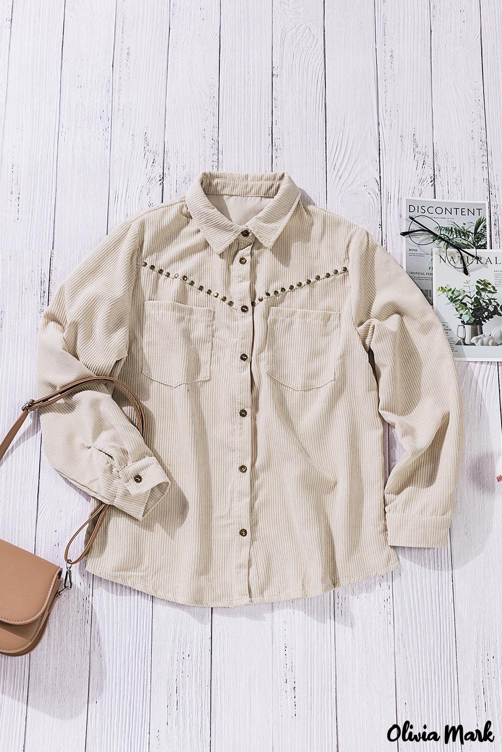 Xieyinshe - Beige corduroy buttoned long sleeve shirt with pockets