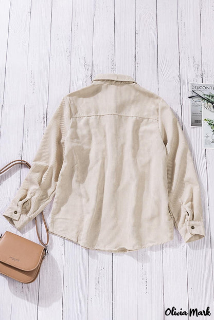 Xieyinshe - Beige corduroy buttoned long sleeve shirt with pockets