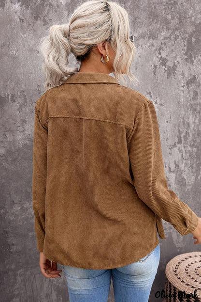 Xieyinshe - Beige corduroy buttoned long sleeve shirt with pockets