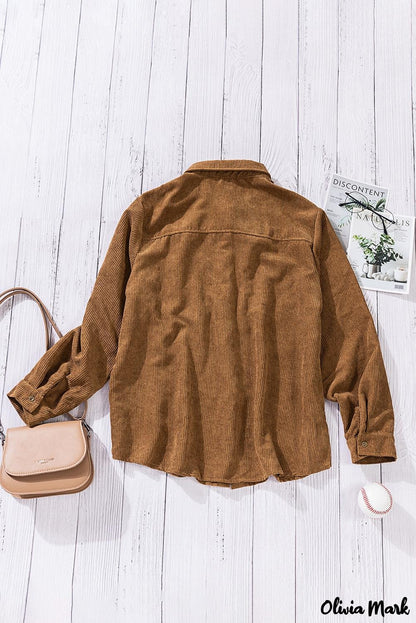 Xieyinshe - Beige corduroy buttoned long sleeve shirt with pockets