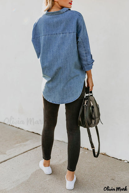 Xieyinshe - Buttoned denim shirt with turn-down collar and long sleeves