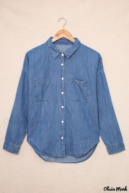 Xieyinshe - Buttoned denim shirt with turn-down collar and long sleeves