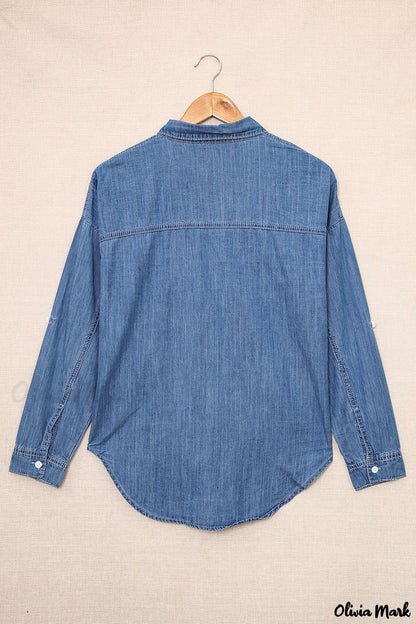 Xieyinshe - Buttoned denim shirt with turn-down collar and long sleeves