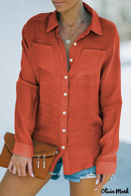 Xieyinshe - Red loose button-up long sleeve shirt with pocket