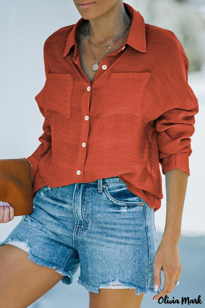 Xieyinshe - Red loose button-up long sleeve shirt with pocket