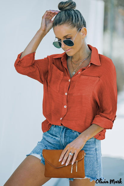 Xieyinshe - Red loose button-up long sleeve shirt with pocket