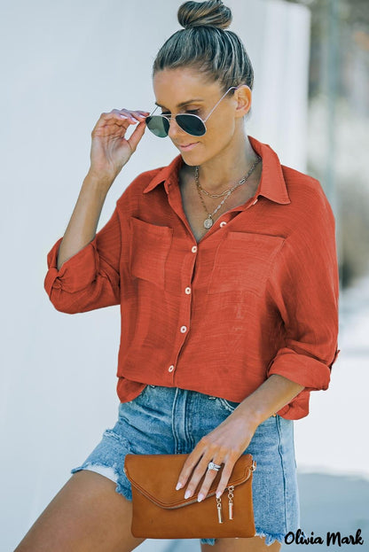 Xieyinshe - Red loose button-up long sleeve shirt with pocket