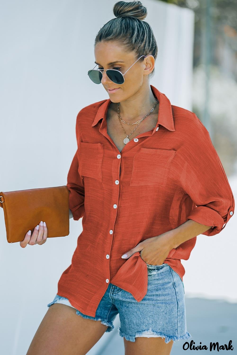 Xieyinshe - Red loose button-up long sleeve shirt with pocket