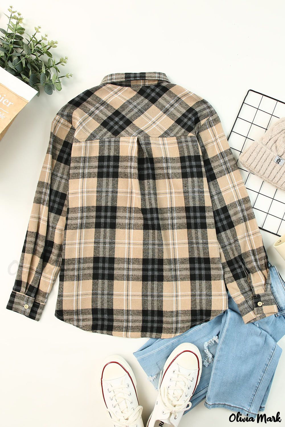 Xieyinshe - Khaki Check Button Long Sleeve Shirt