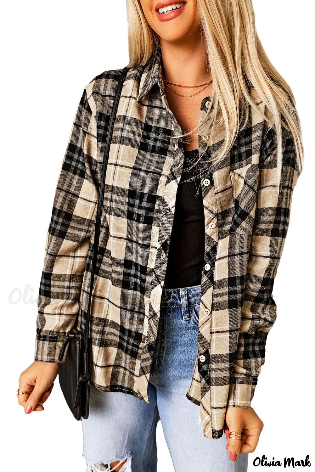 Xieyinshe - Khaki Check Button Long Sleeve Shirt